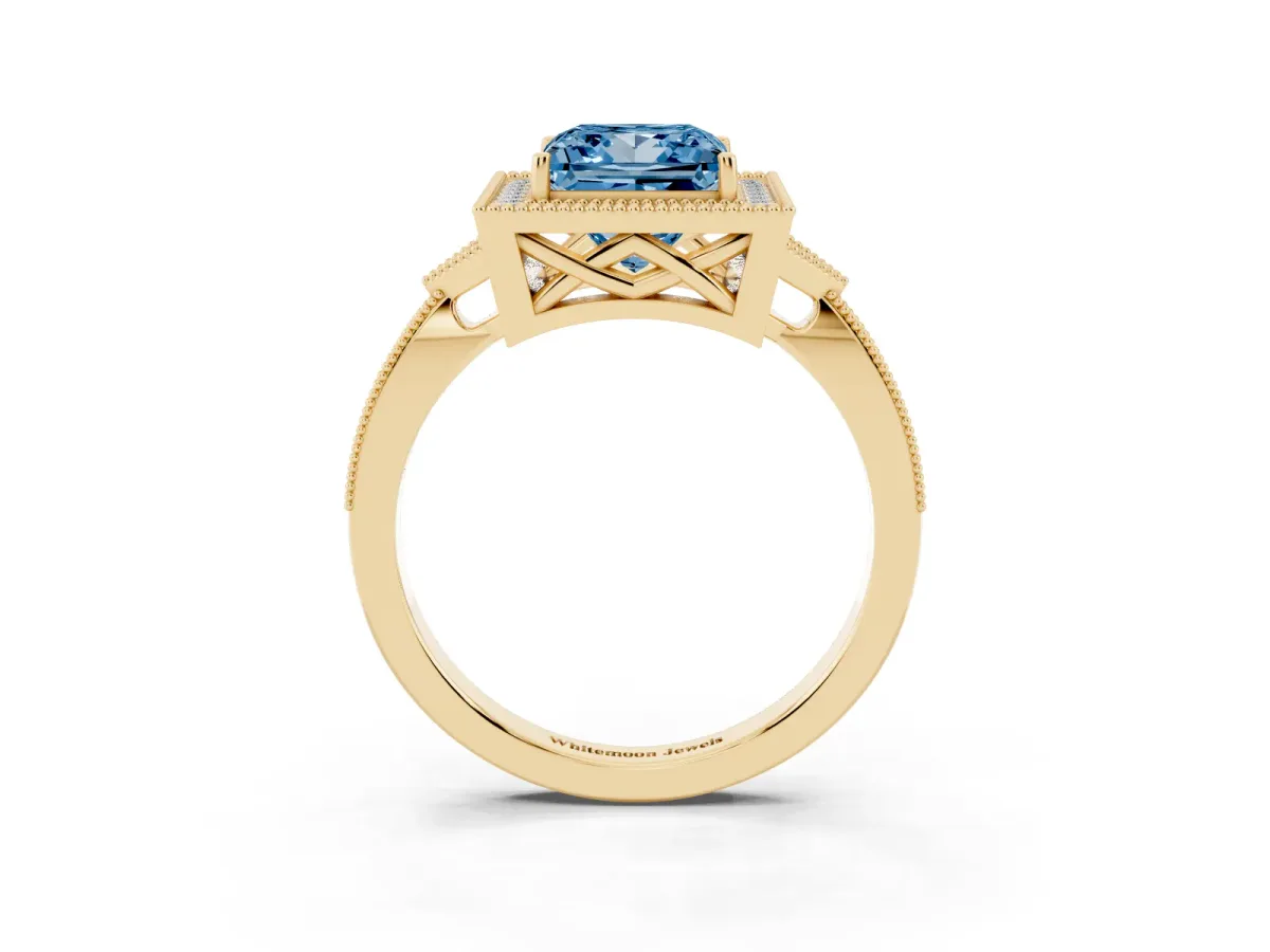 Fancy Blue Princess Cut Halo Round Diamond Milgrain Pave Engagement Ring Yellow gold