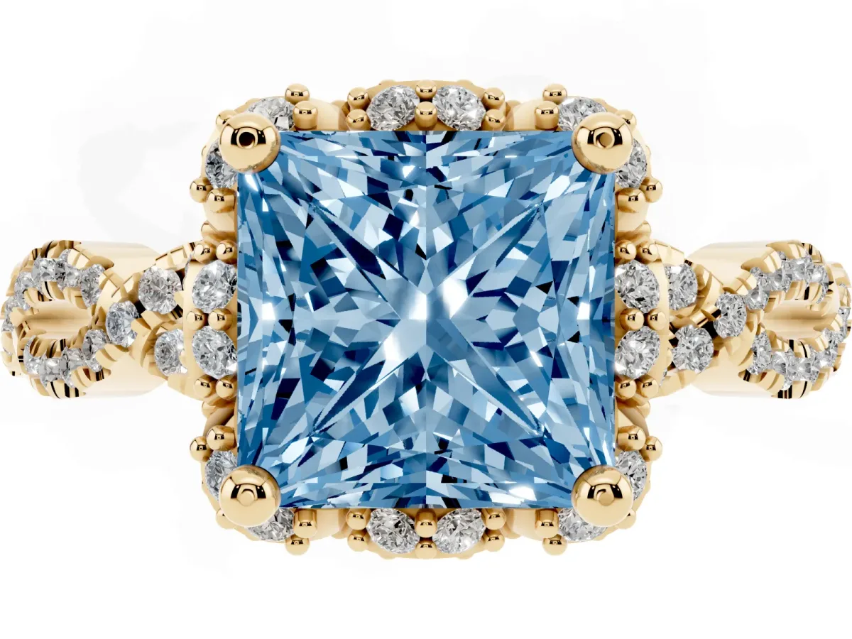 Fancy Blue Princess Cut Halo Twist Band Solitaire Ring with Six-Prong Setting Yellow gold