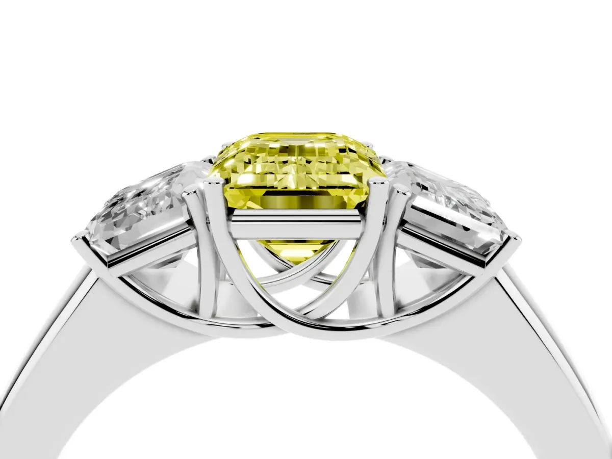 Fancy Yellow Three-Stone Emerald Cut Cut Diamond Ring with Prong Setting and Classic Band Platinum