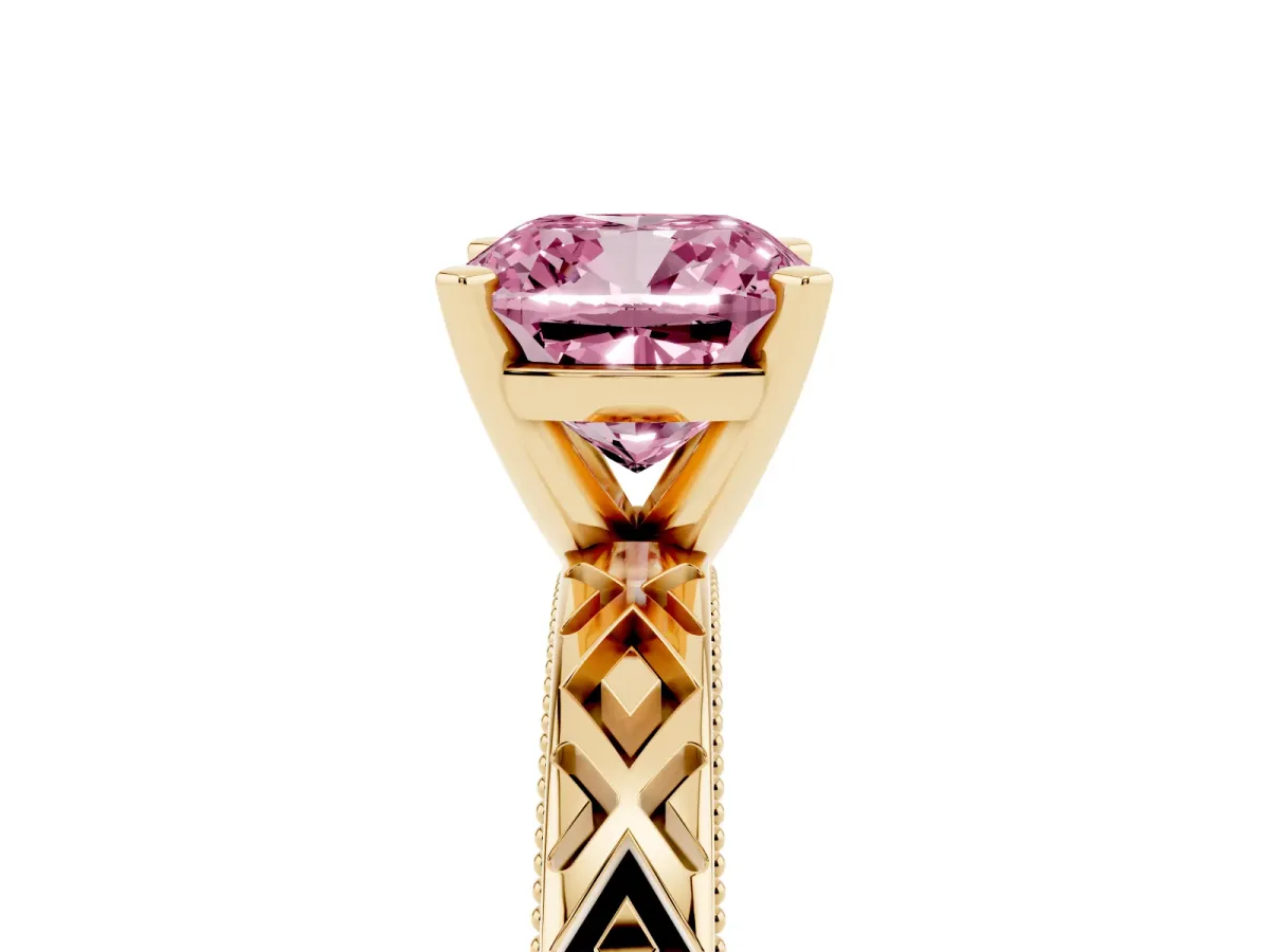 Fancy Pink Cushion Cut Solitaire Diamond Ring with Milgrain and Black Enamel X Pattern Band Yellow gold
