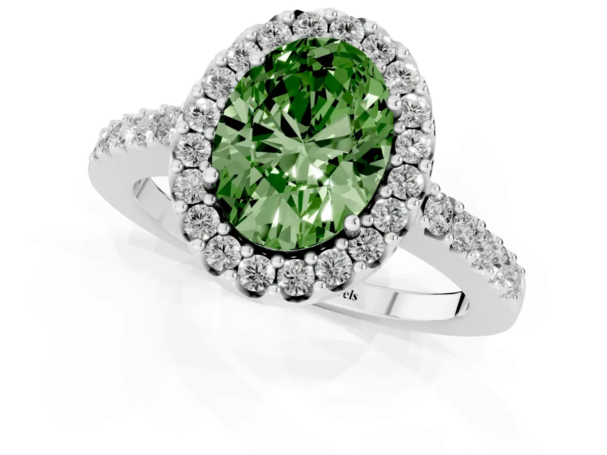Fancy Green Oval Cut Halo Diamond Pavé Solitaire Ring White gold