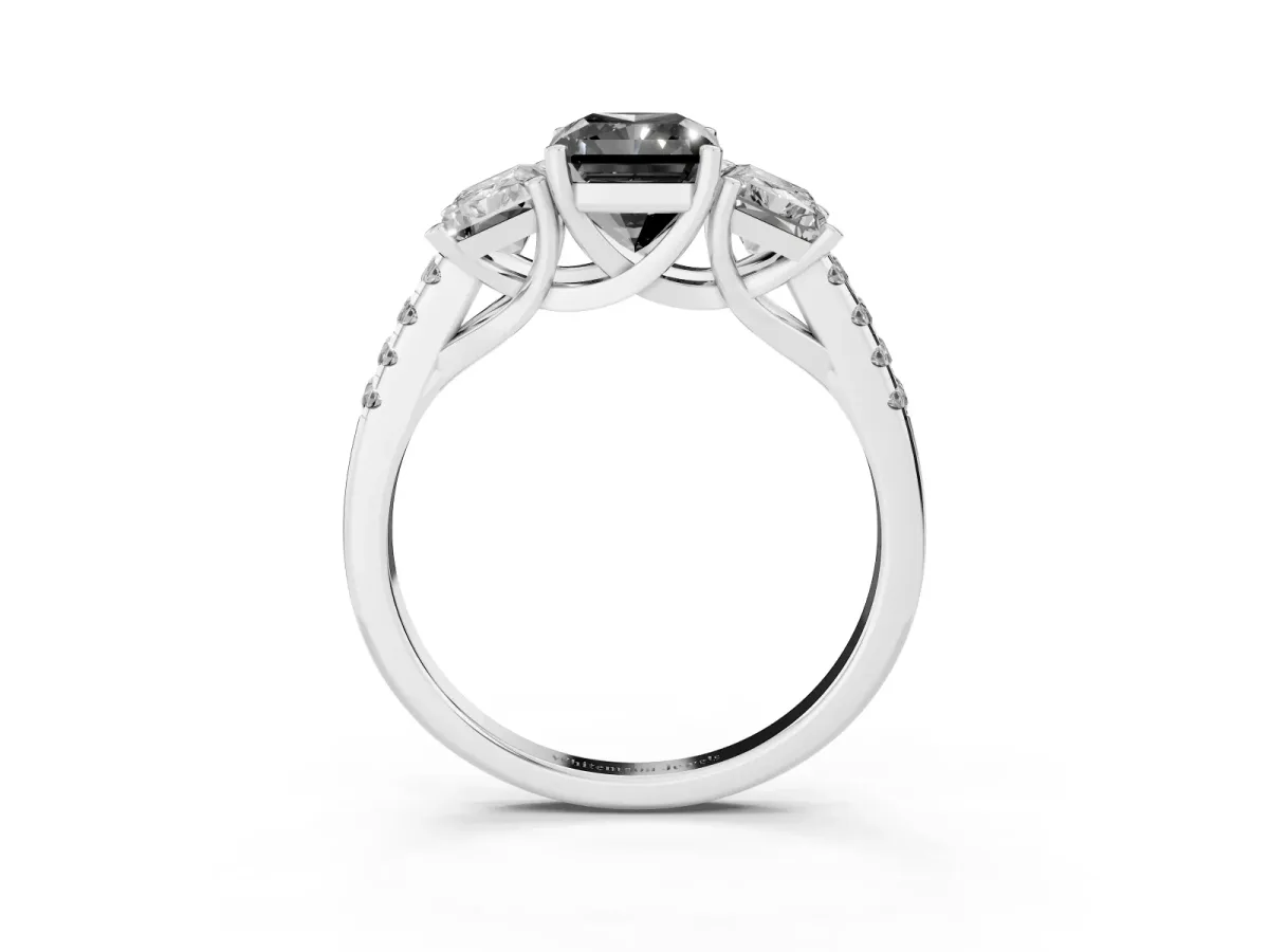 Fancy Black Three-Stone Radiant Cut Diamond Ring with Round Pavé Band and Prong Setting Silver