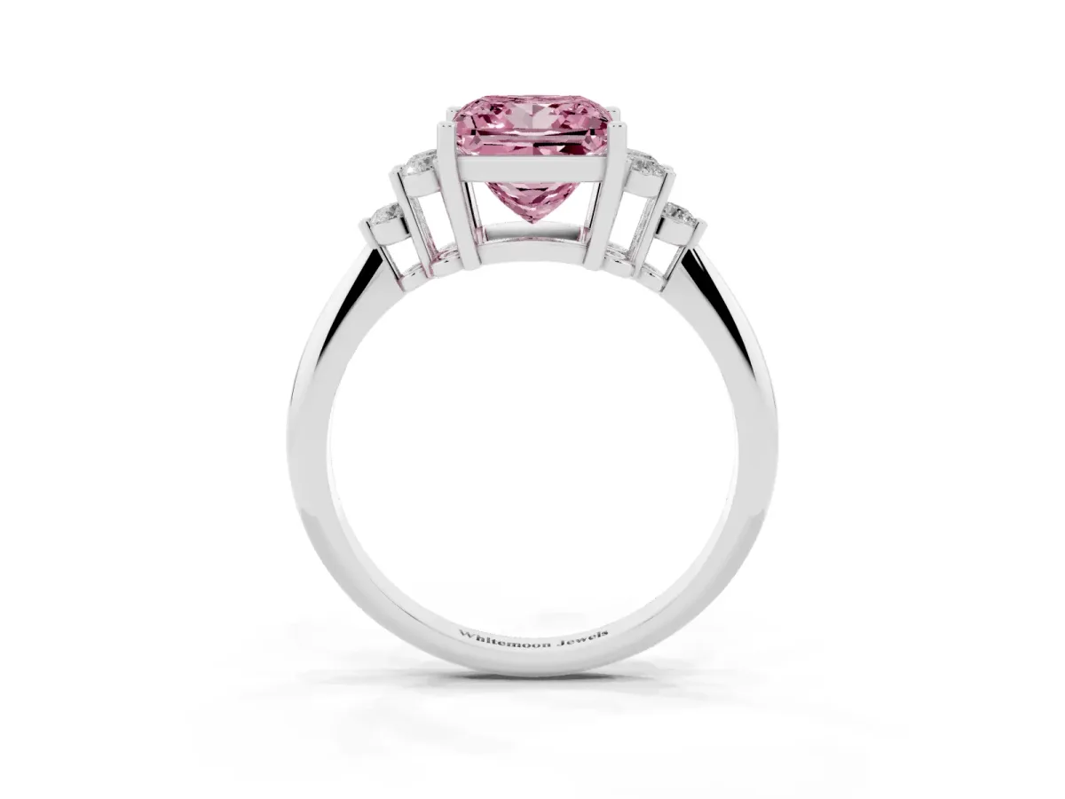 Fancy Pink Princess Cut Cut Diamond Cluster Ring with Solitaire Band and Four-Prong Setting Silver