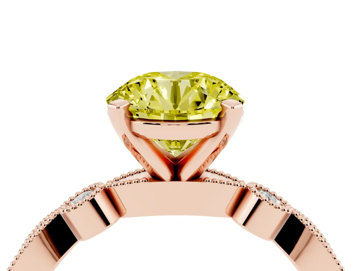 Fancy Yellow Round Cut Milgrain Bezel Diamond Engagement Ring with Solitaire Prong Setting Rose gold