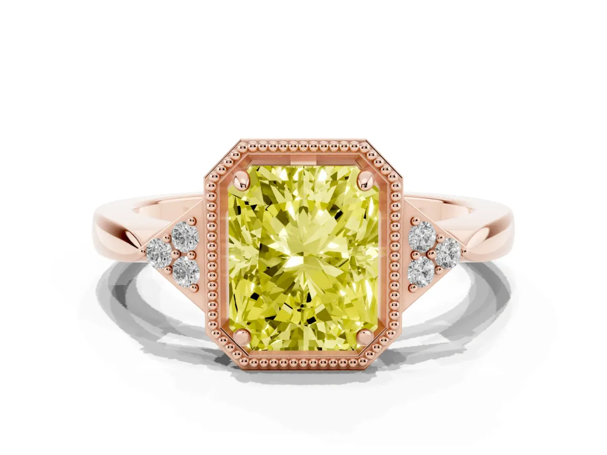 Fancy Yellow Radiant Cut Diamond Halo Ring with Tapered Band and Four-Prong Setting Rose gold