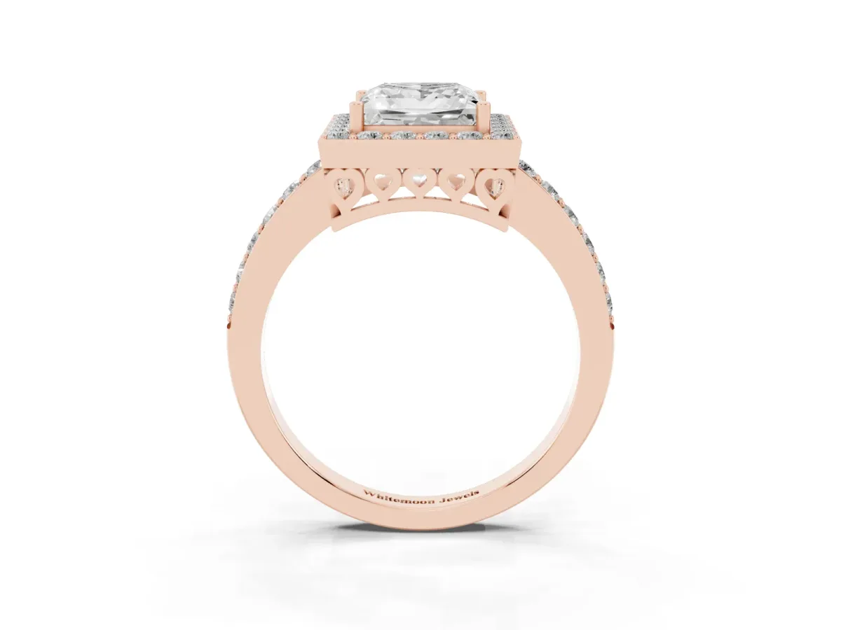 Princess Cut Halo Diamond Pavé Band Ring with Prong Setting Rose gold