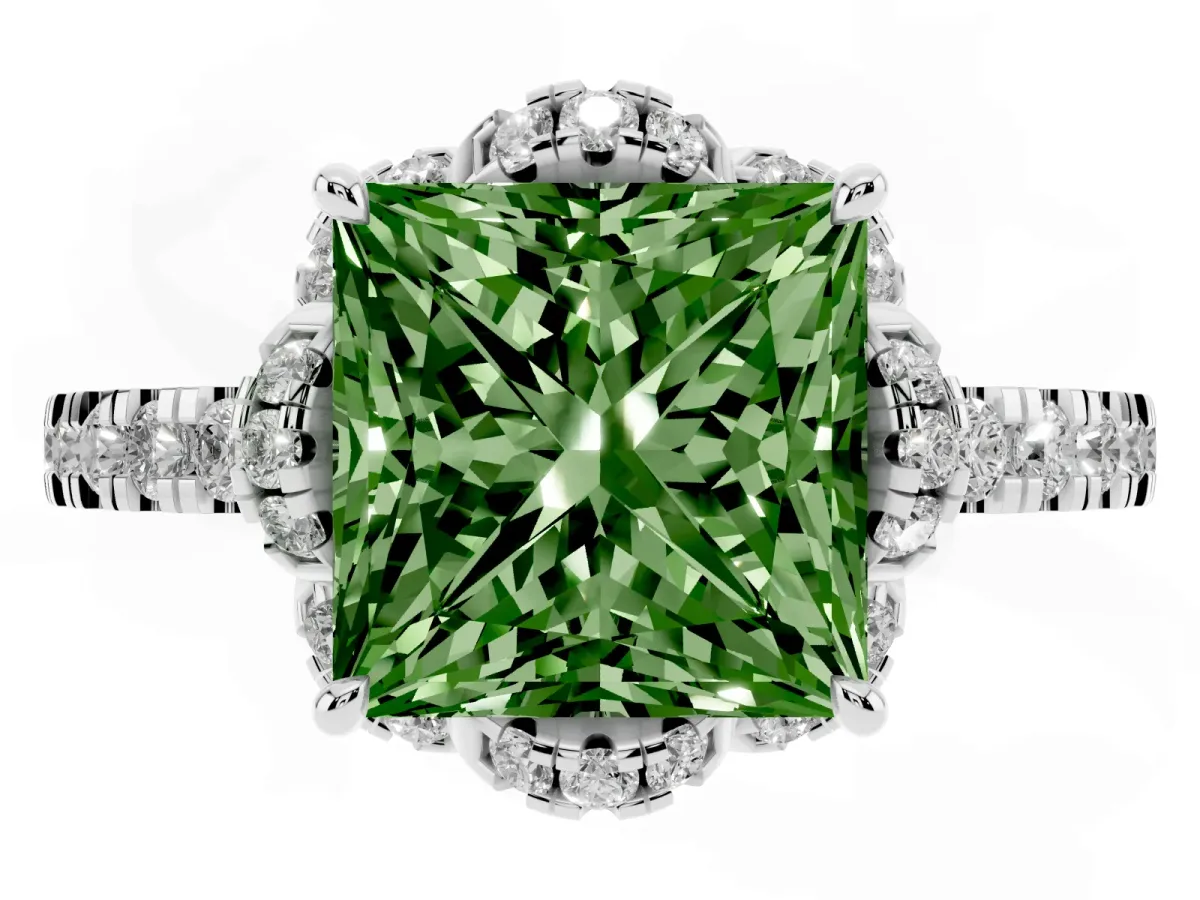 Fancy Green Princess Cut Diamond Halo Pave Band with Four-Prong Setting Platinum