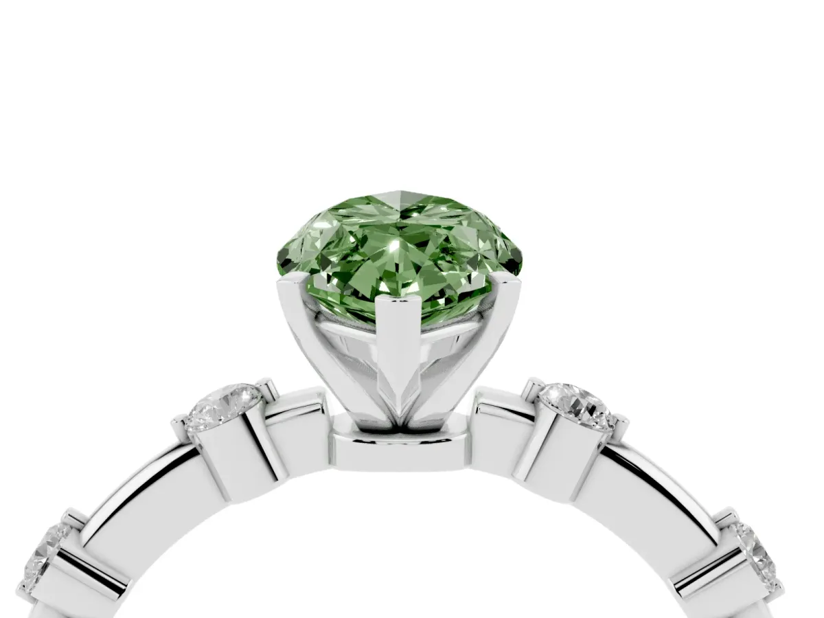 Fancy Green Marquise Cut Solitaire Diamond Ring with Bezel Set Side Stones and Prong Setting Silver