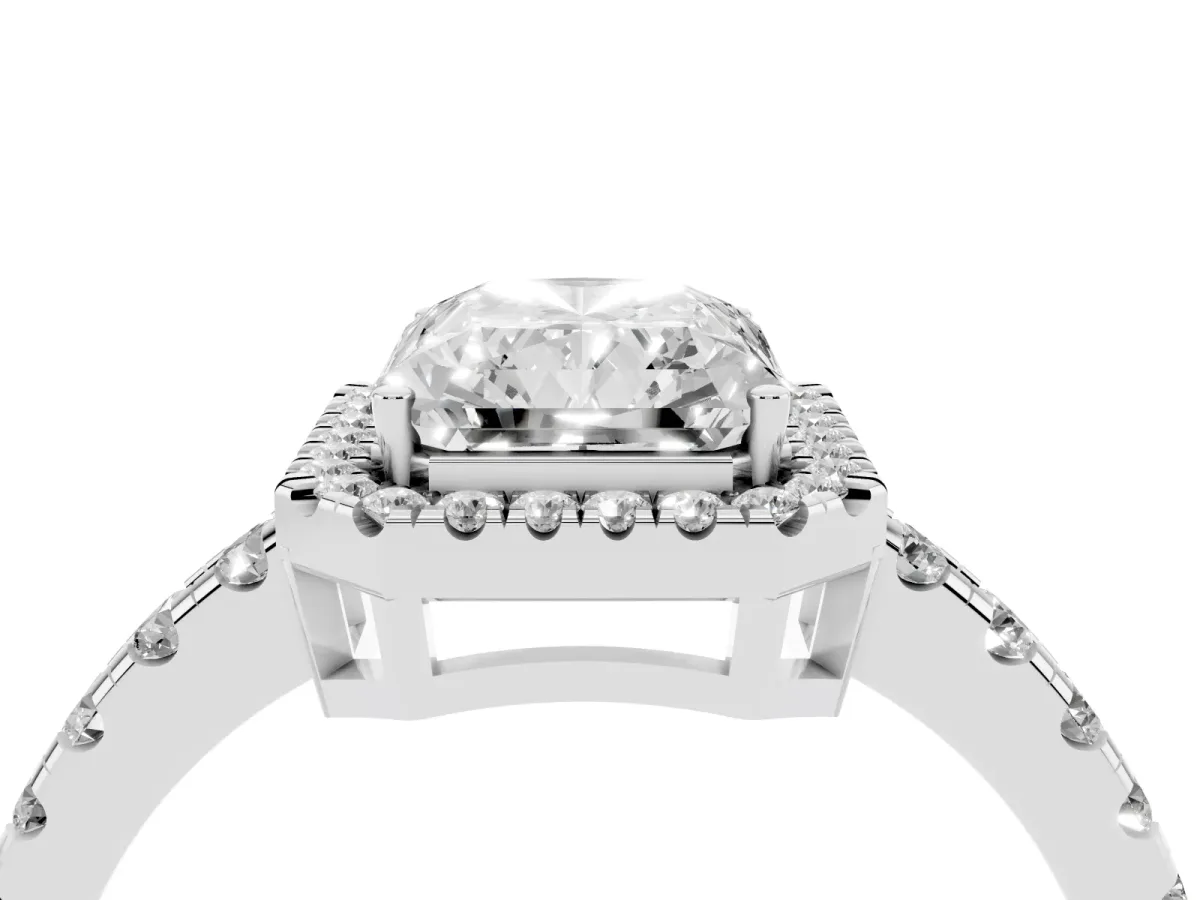 Radiant Cut Diamond Halo Ring with Pavé Band and Four-Prong Setting White gold