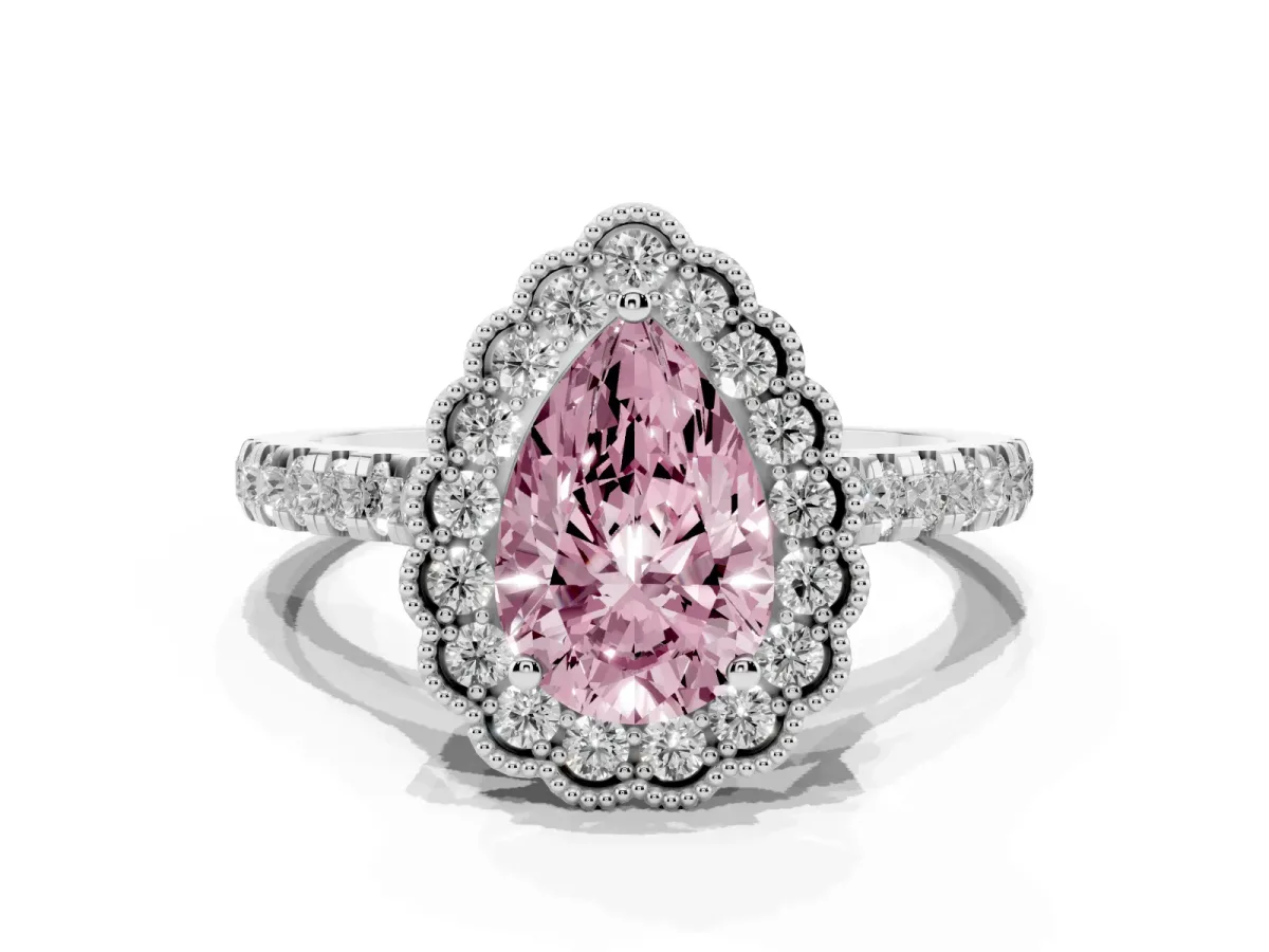 Fancy Pink Pear Cut Cut Diamond Milgrain Floral Halo Engagement Ring with Pavé Band Platinum