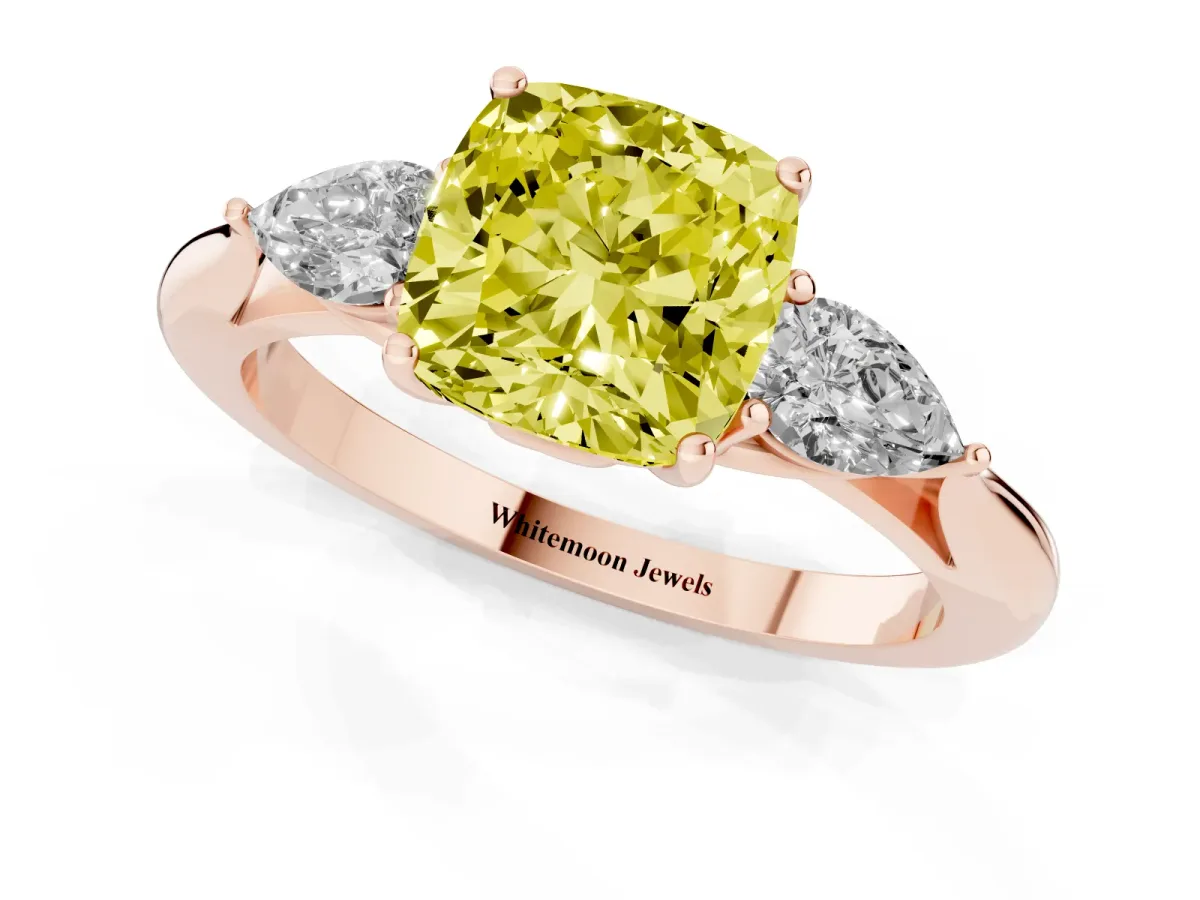 Fancy Yellow Cushion Cut Diamond Three-Stone Ring with Pear Side Stones and Prong Setting Rose gold