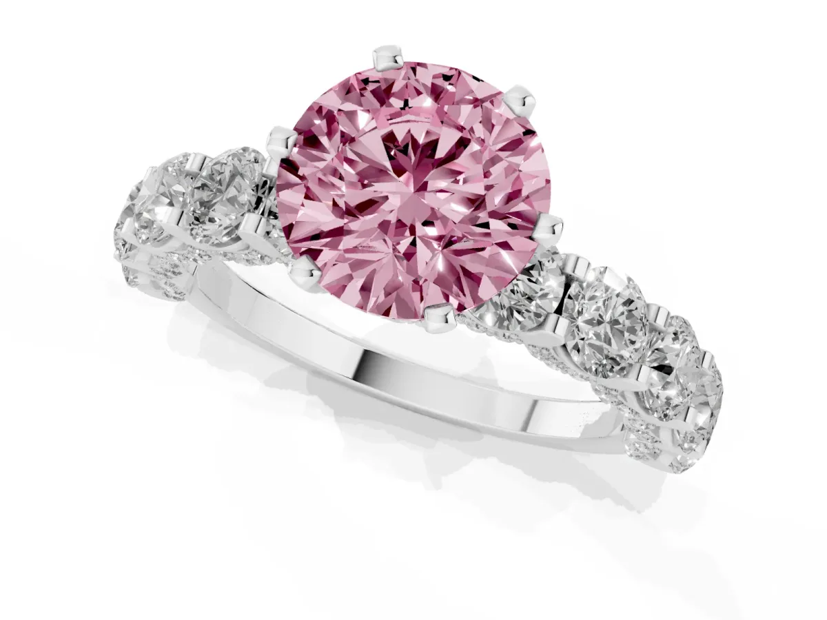 Fancy Pink Round Cut Diamond Side Stone Engagement Ring with Four-Prong Setting Silver