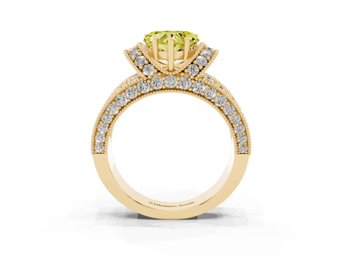 Fancy Yellow Heart Cut Halo Pave Diamond Engagement Ring with Milgrain Detailing Yellow gold