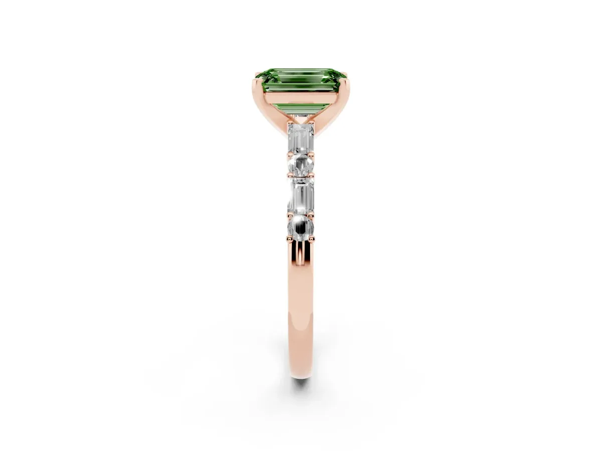 Fancy Green Emerald Cut Diamond Solitaire with Side Baguettes and Channel Set Band Rose gold