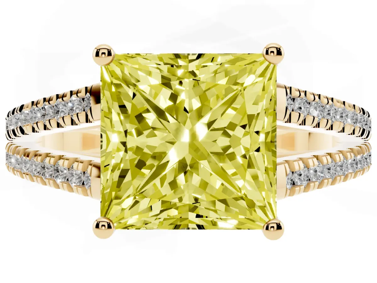 Fancy Yellow Princess Cut Diamond Solitaire Engagement Ring with Split Shank Pavé Band Yellow gold