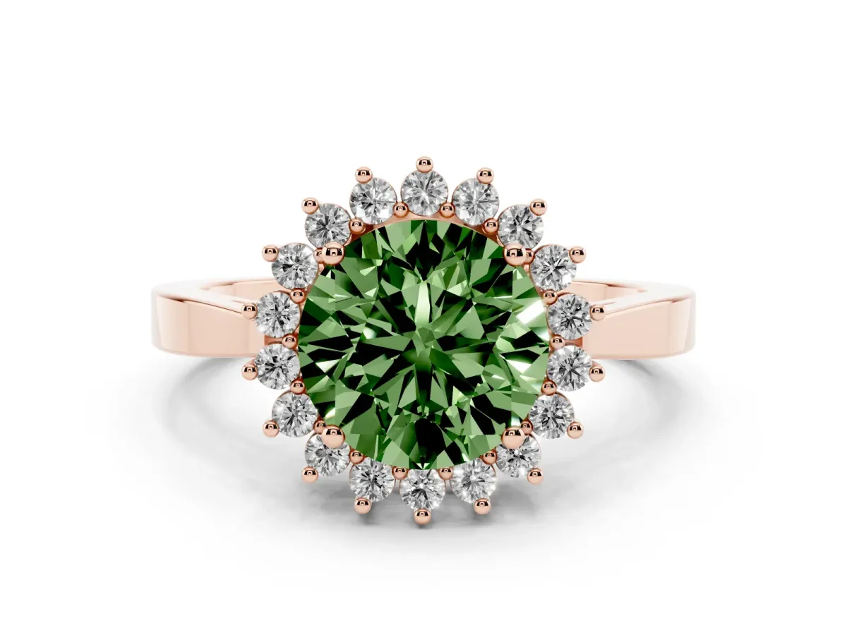 Fancy Green Round Cut Cut Diamond Halo Ring with Round Brilliant Halo and Solitaire Band Rose gold