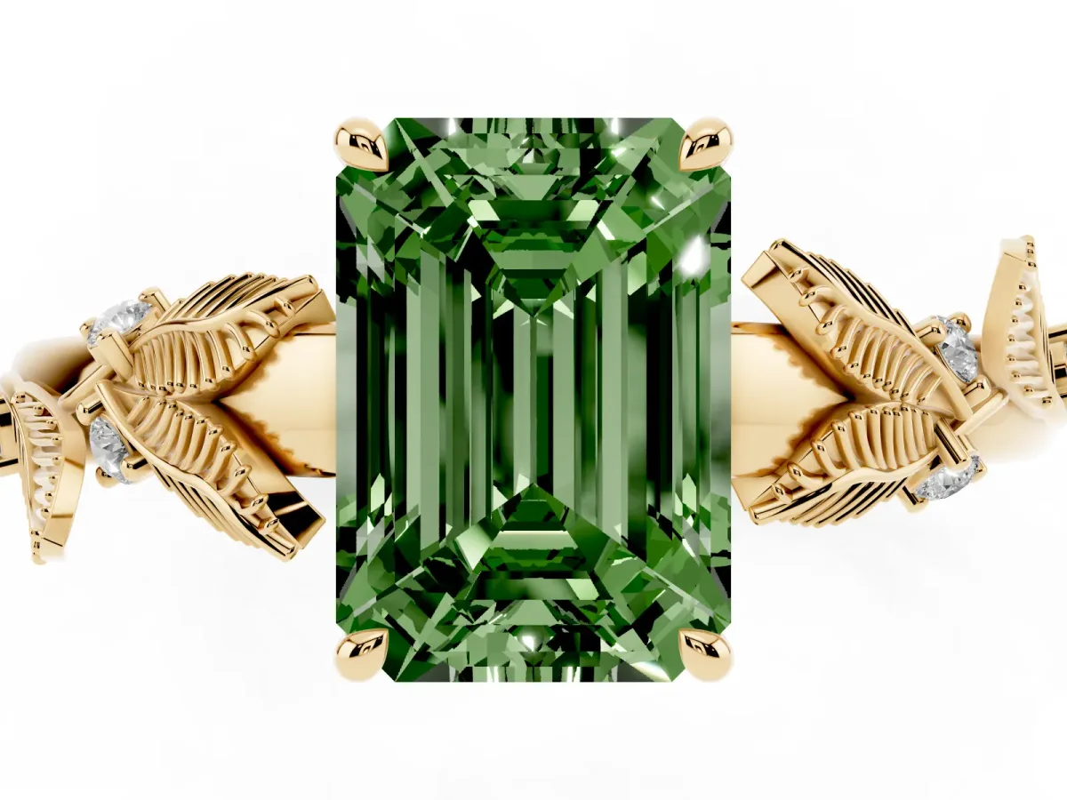Fancy Green Emerald Cut Diamond Solitaire Ring with Leaf Motif Band and Four-Prong Setting Yellow gold