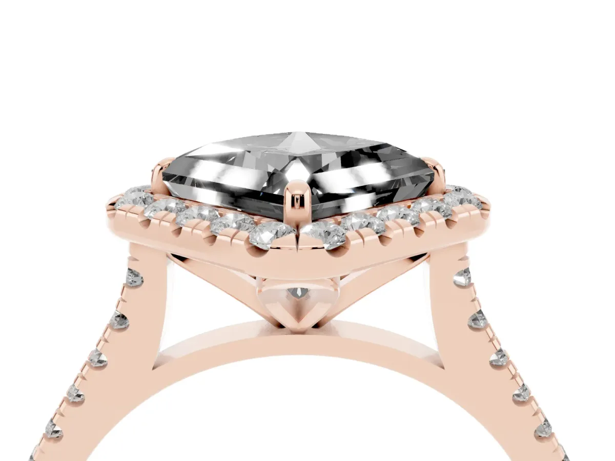 Fancy Black Princess Cut Diamond Cushion Halo Ring with Pavé Band Rose gold