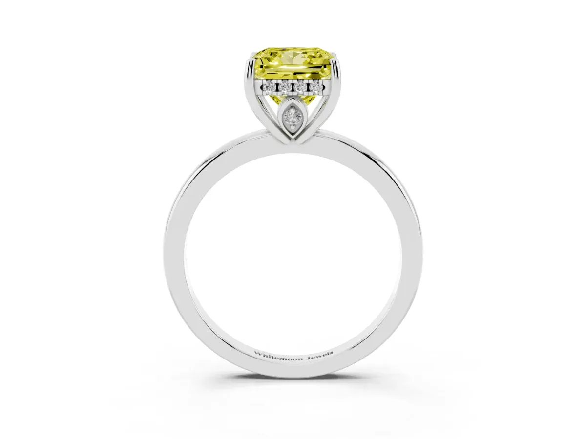 Fancy Yellow Princess Cut Solitaire Diamond Ring with Prong Setting and Plain Band Silver