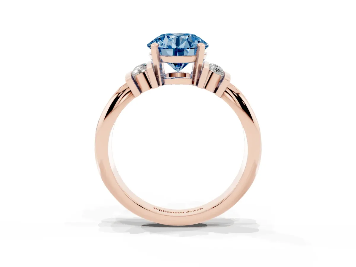 Fancy Blue Round Cut Cut Three-Stone Channel Set Ring with Bar Prongs Rose gold