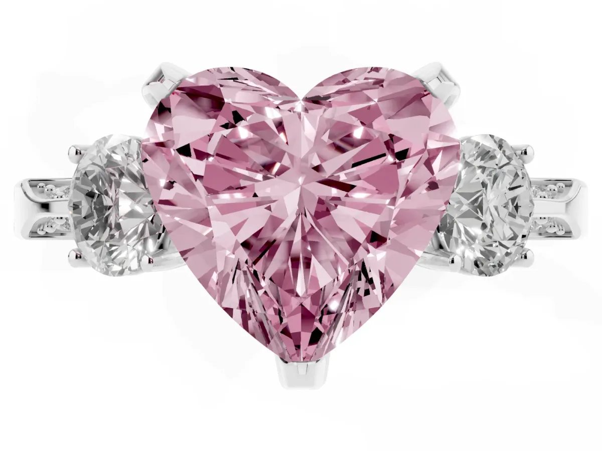 Fancy Pink Heart Cut Brilliant Three-Stone Diamond Ring with Pavé Band and Four-Prong Setting White gold