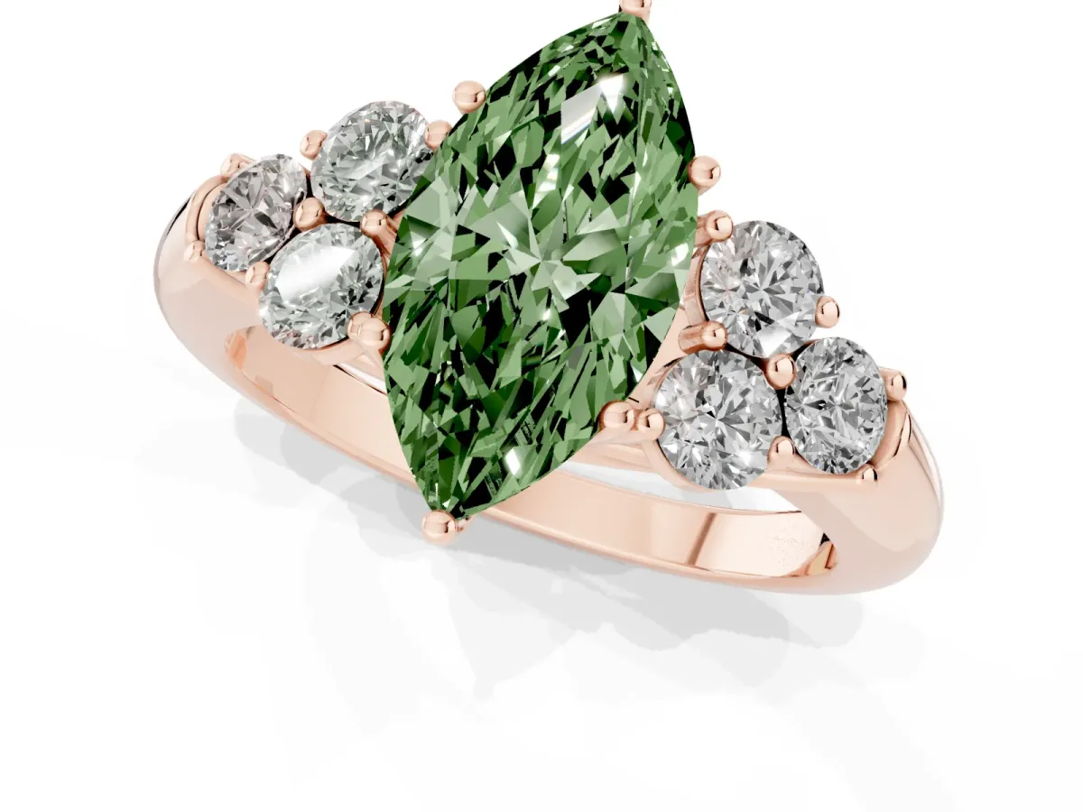 Fancy Green Marquise Cut Cut Diamond Cluster Ring with Round Accent Stones and Prong Setting on a Classic Band Rose gold