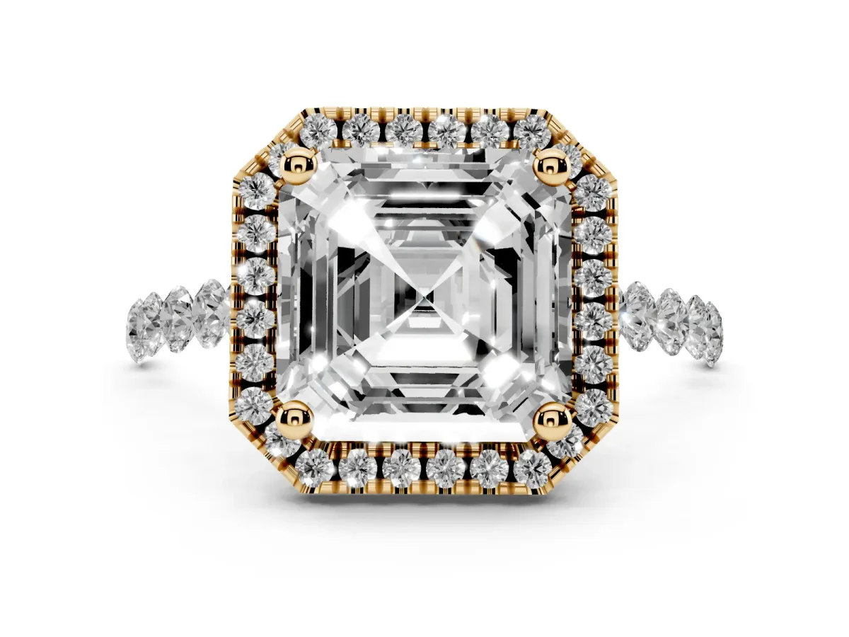 Asscher Cut Halo Pavé Diamond Engagement Ring with Four-Prong Setting Yellow gold
