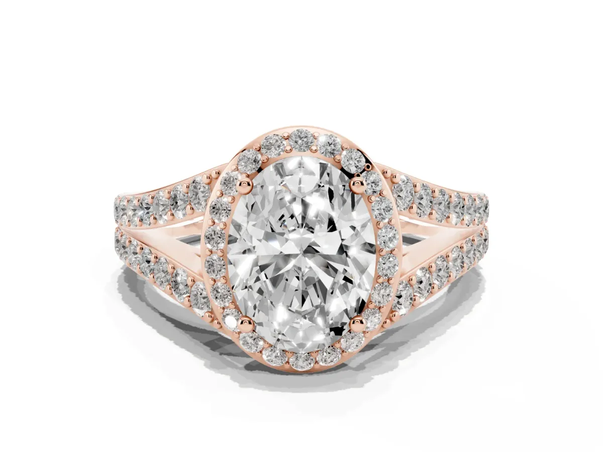 Oval Cut Diamond Split Shank Halo Ring with Four-Prong Setting Rose gold