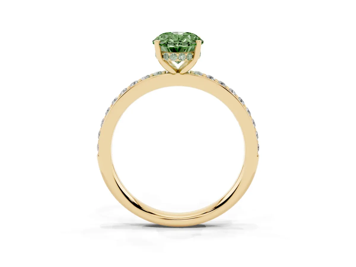 Fancy Green Oval Cut Cut Diamond Pavé Band Ring with Four-Prong Setting Yellow gold