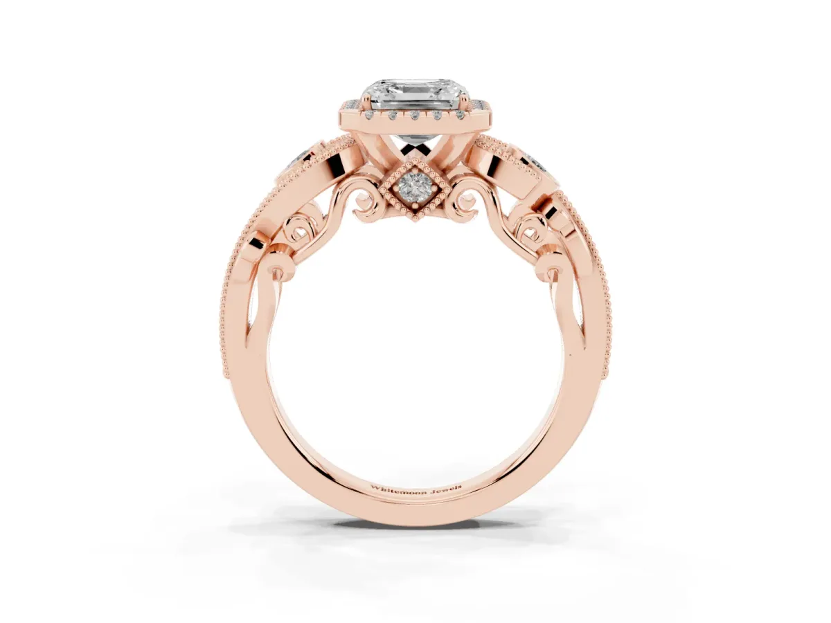 Asscher Cut Halo Diamond Ring with Milgrain and Bezel Accents on a Split Shank Band Rose gold
