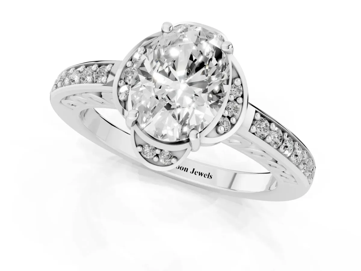 Oval Cut Cut Halo Diamond Ring with Channel Set Band and Four-Prong Setting White gold