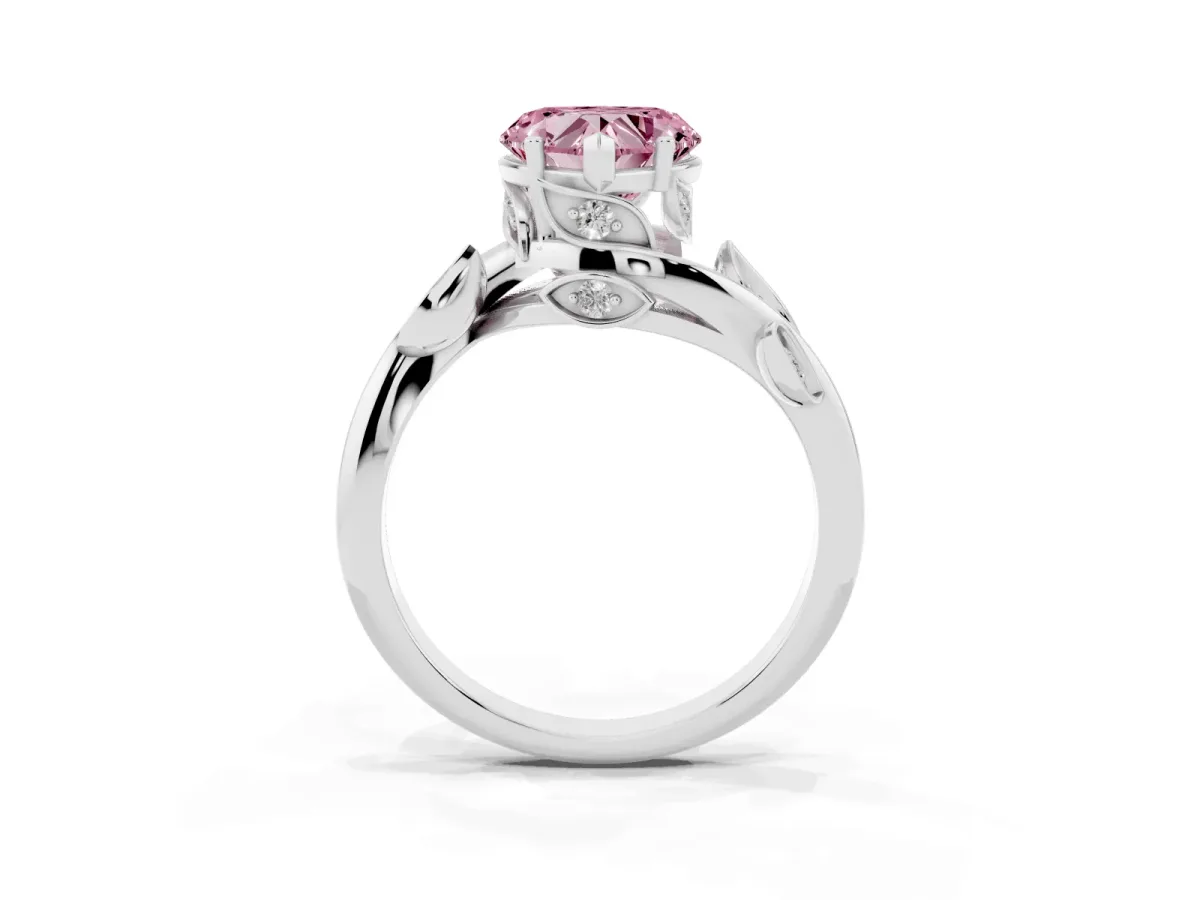 Fancy Pink Heart Cut Solitaire Twist Engagement Ring with Leaf Accents and Prong Setting White gold