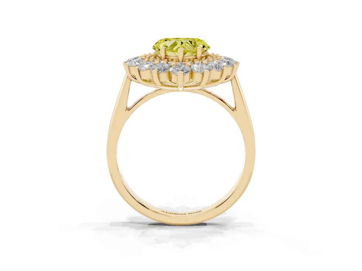Fancy Yellow Heart Cut Diamond Floral Double Halo Engagement Ring with Prong Setting Yellow gold