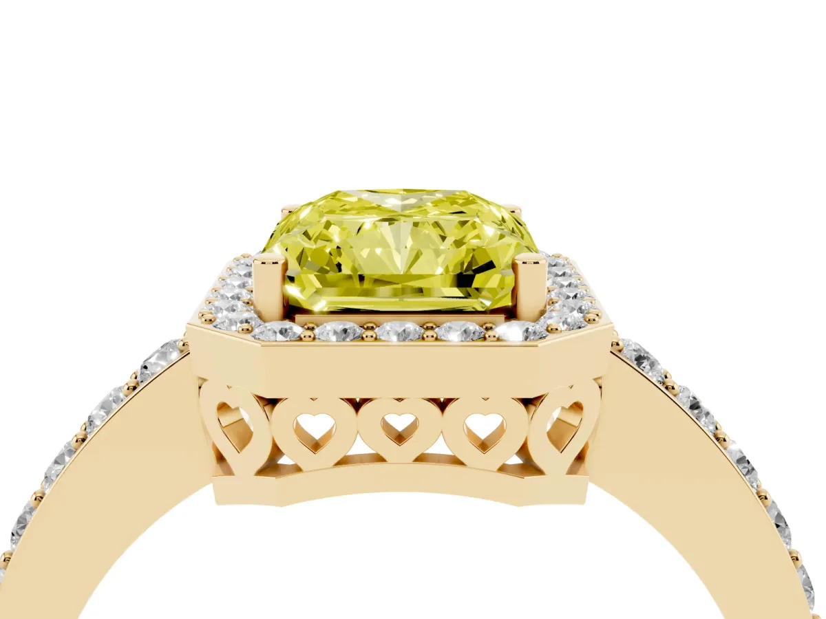 Fancy Yellow Radiant Cut Halo Diamond Pavé Band Ring with Prong Setting Yellow gold