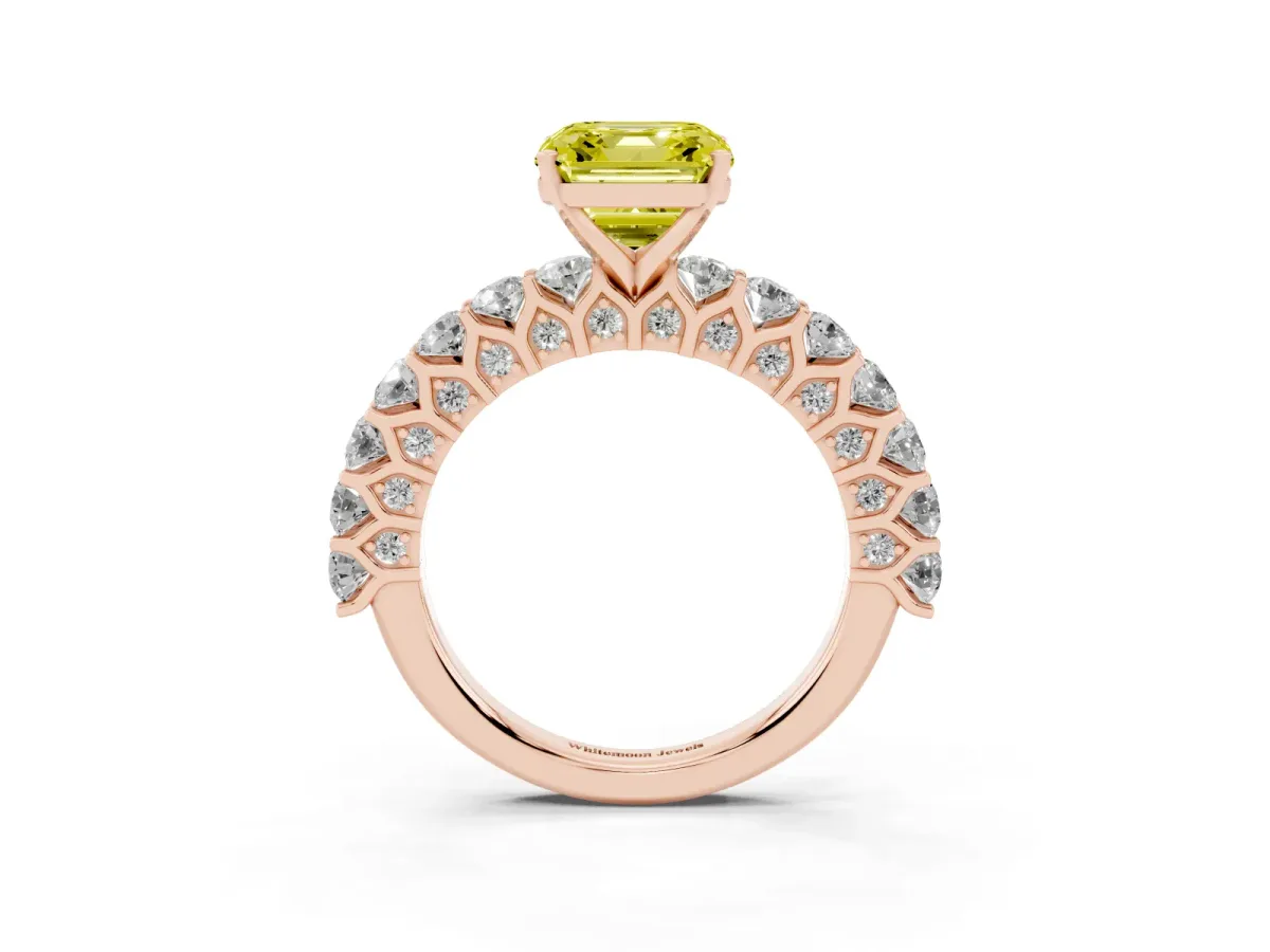 Fancy Yellow Asscher Cut Diamond Solitaire Ring with Shared Prong Pavé Band and Four-Prong Setting Rose gold
