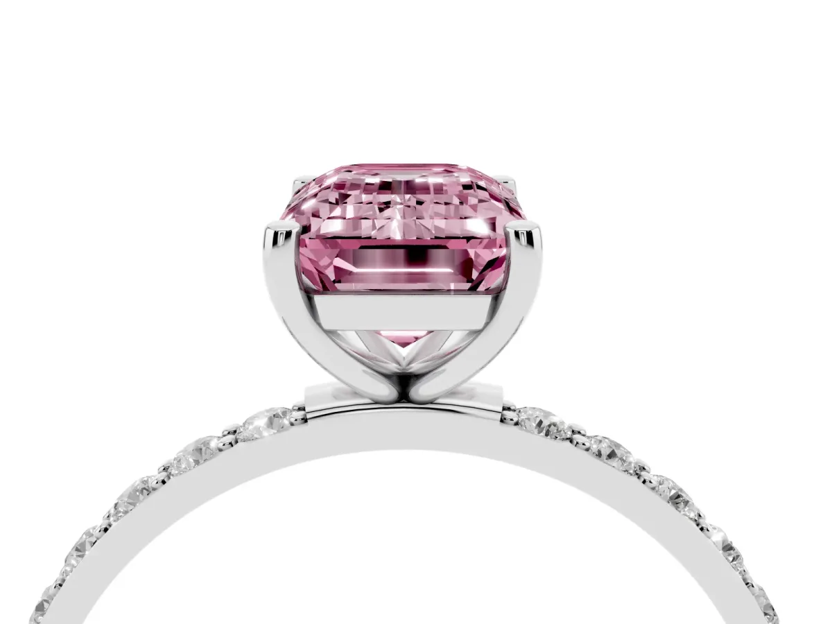 Fancy Pink Emerald Cut Diamond Solitaire Ring with Round Pavé Shoulders and Prong Setting Platinum