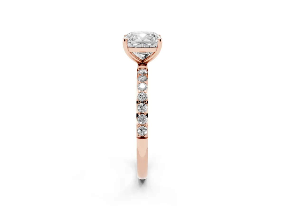 Cushion Cut Diamond Solitaire Ring with Round Pavé Shoulders and Prong Setting Rose gold