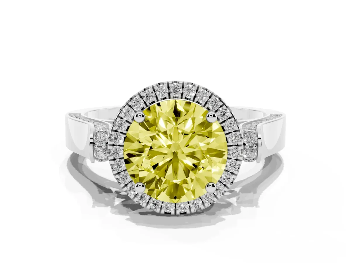 Fancy Yellow Round Cut Halo Pave Split Shank Prong Setting Ring Silver