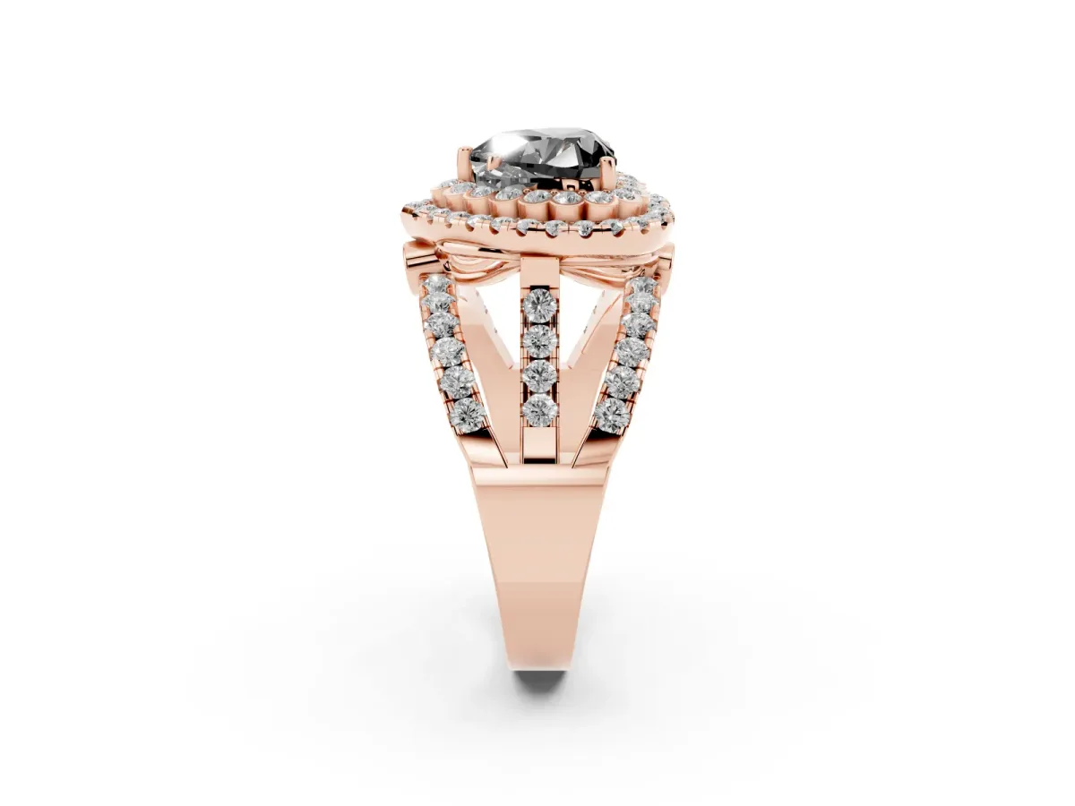 Fancy Black Heart Cut Diamond Double Halo Ring with Round Pavé Split Shank and Prong Setting Rose gold
