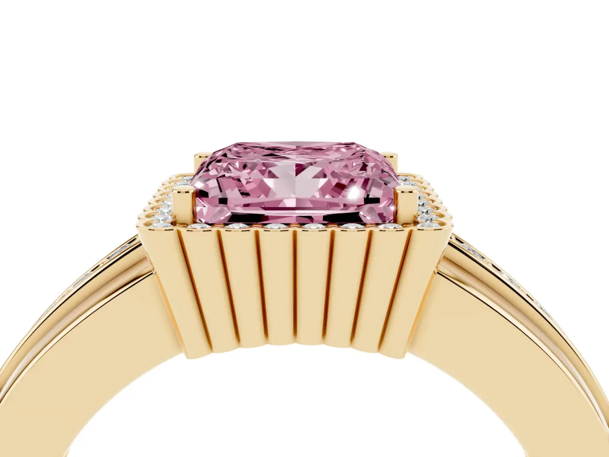 Fancy Pink Princess Cut Cut Halo Pave Band Four-Prong Ring Yellow gold