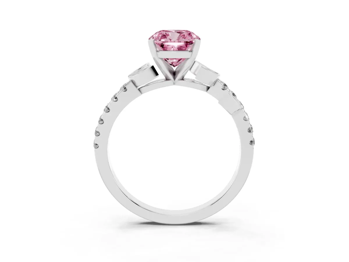 Fancy Pink Cushion Cut Solitaire Leaf-Inspired Diamond Ring with Pavé Band and Four-Prong Setting Silver