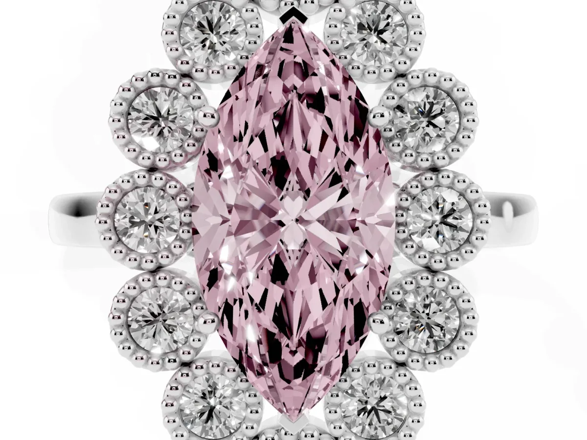 Fancy Pink Marquise Cut Halo Diamond Cluster Engagement Ring with Milgrain Bezel Setting and Solitaire Band White gold