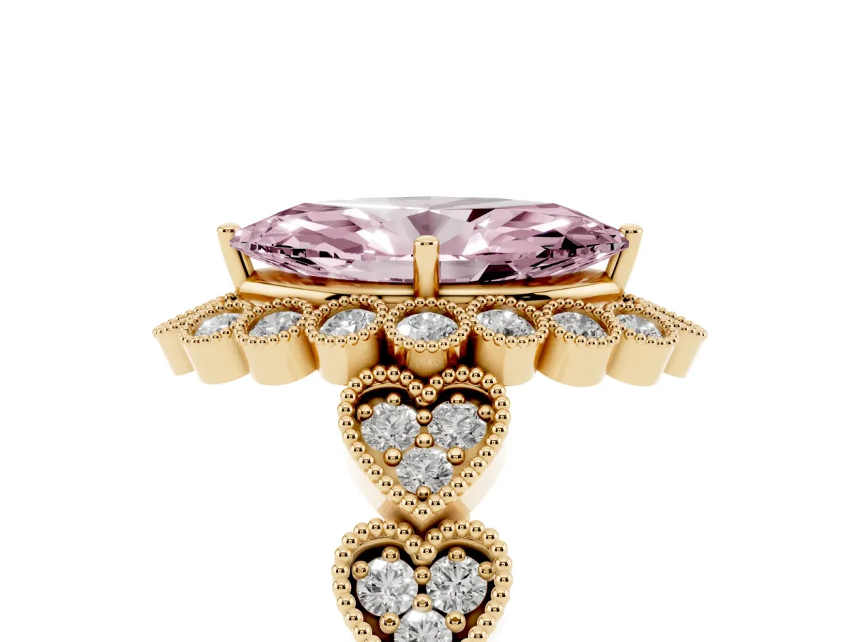 Fancy Pink Marquise Cut Brilliant Milgrain Pave Heart Band Solitaire Ring Yellow gold