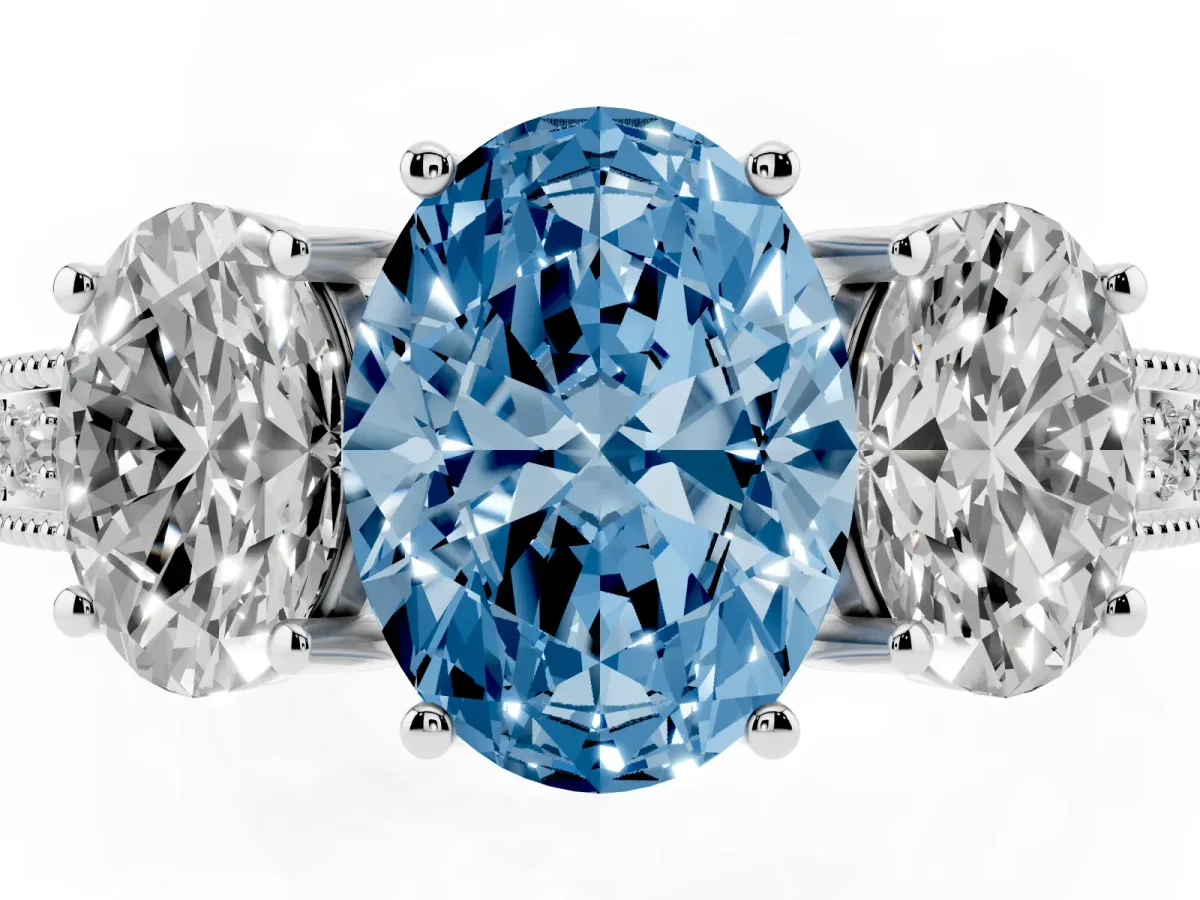 Fancy Blue Three-Stone Oval Cut Cut Milgrain Pavé Engagement Ring Platinum