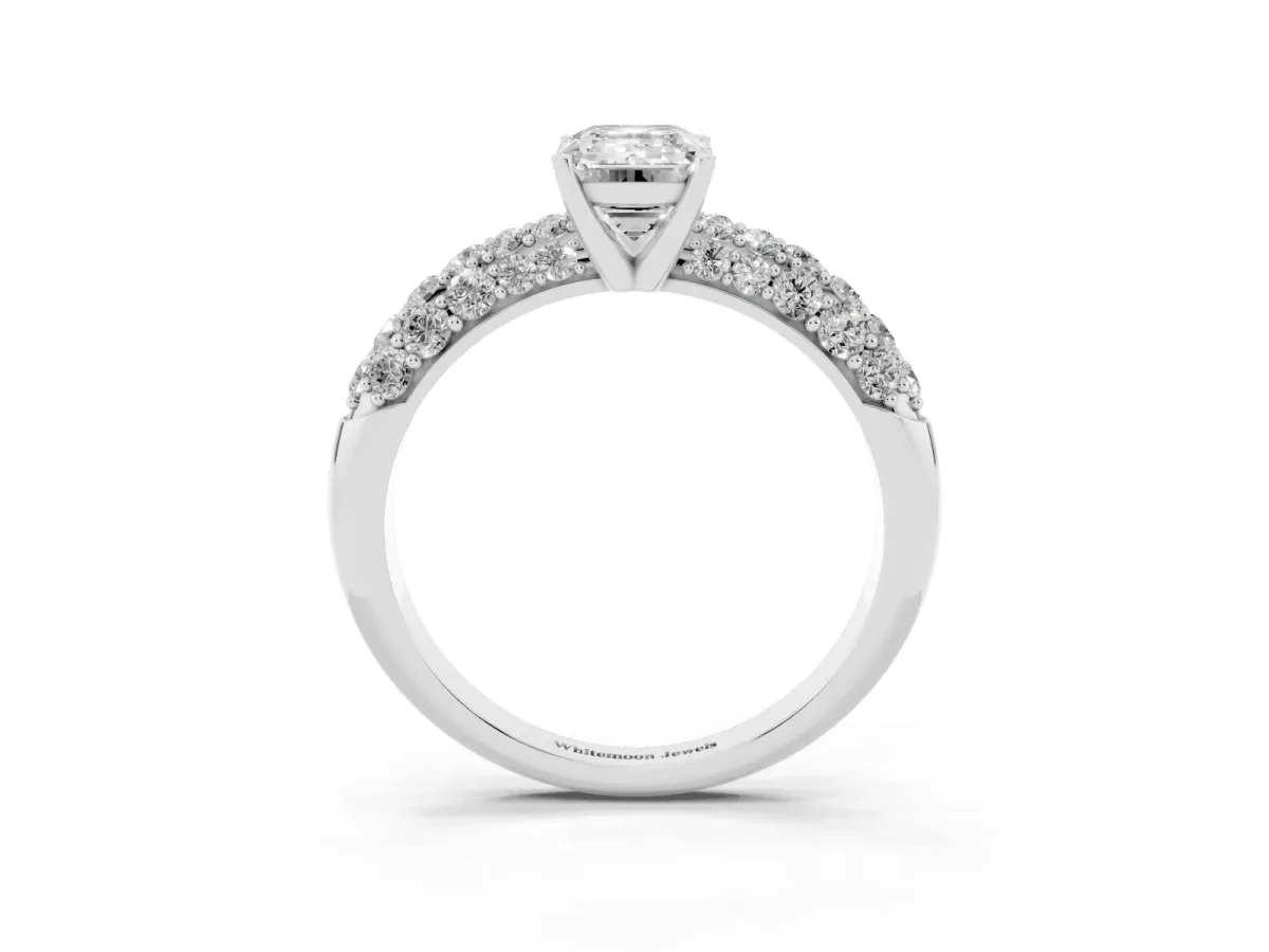 Emerald Cut Diamond Pavé Band Solitaire Ring with Four-Prong Setting Silver