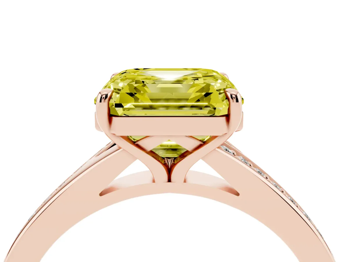 Fancy Yellow Asscher Cut Diamond Solitaire Ring with Pavé Band and Prong Setting Rose gold