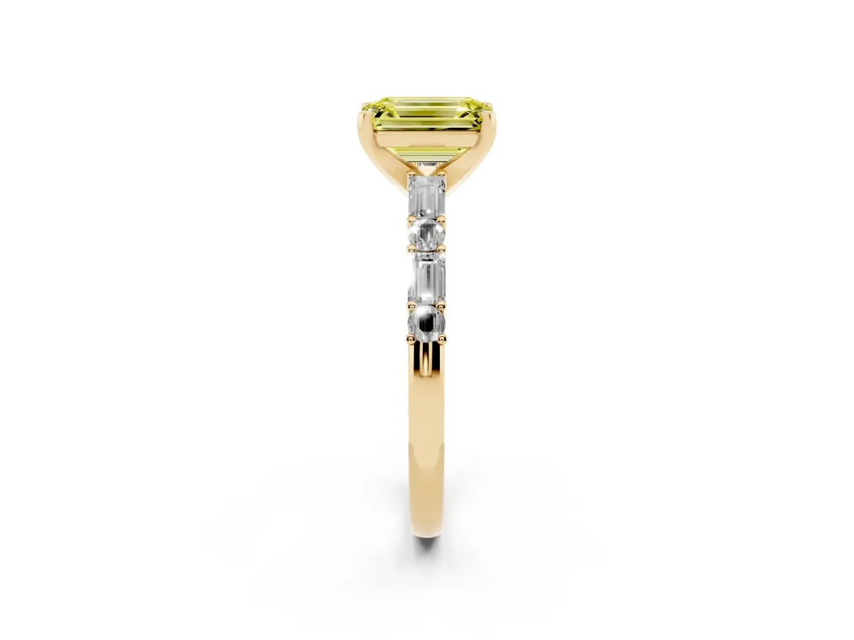 Fancy Yellow Emerald Cut Diamond Solitaire with Side Baguettes and Channel Set Band Yellow gold