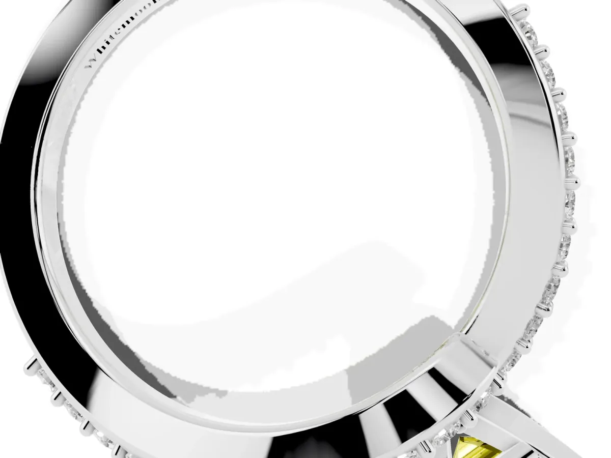 Fancy Yellow Emerald Cut Solitaire Twist Band with Pave Set Diamonds and Four-Prong Setting White gold