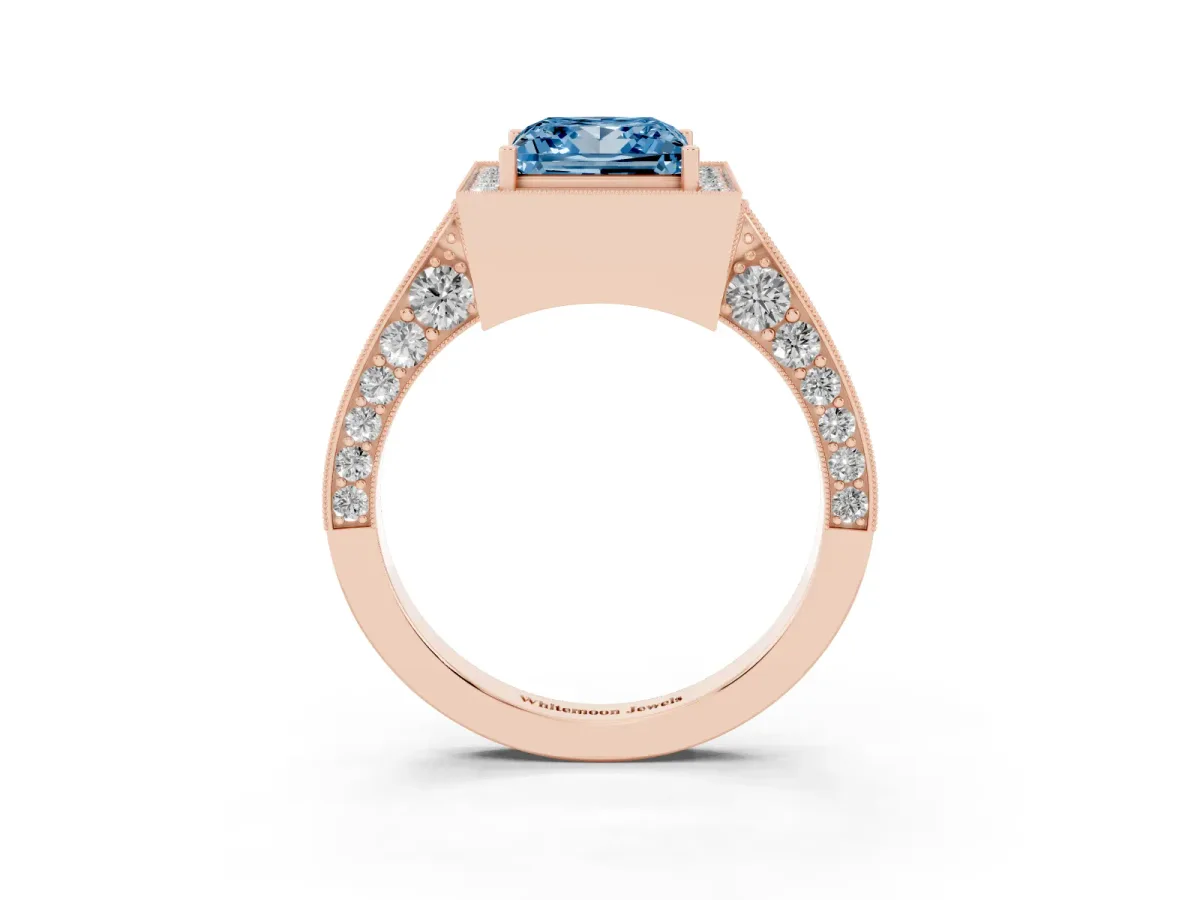 Fancy Blue Princess Cut Halo Diamond Engagement Ring with Split Shank Band and Four-Prong Setting Rose gold