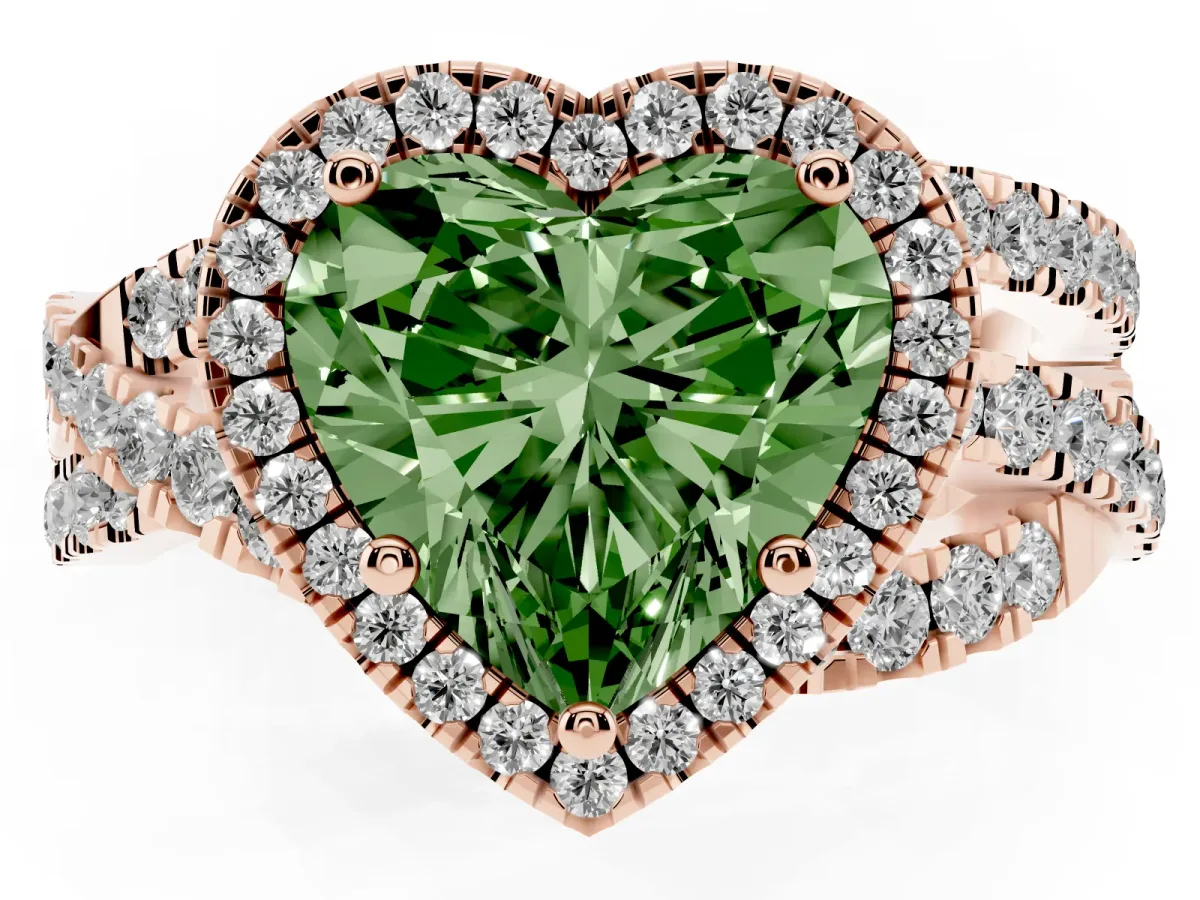 Fancy Green Heart Cut Diamond Halo Ring with Round Split Shank and Prong Setting Rose gold
